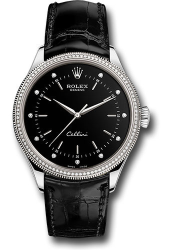 Rolex Cellini Time Watch - White Gold - Black Dial - Black Leather Strap