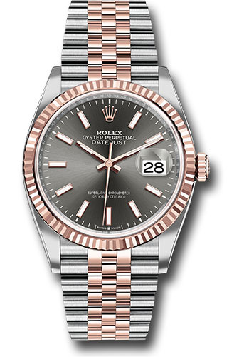 Rolex Steel and Everose Rolesor Datejust 36 Watch - Fluted Bezel - Dark Rhodium Index Dial - Jubilee Bracelet