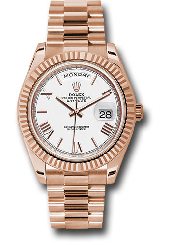 Rolex Everose Gold Day-Date 40 Watch - Fluted Bezel - White Bevelled Roman Dial - President Bracelet