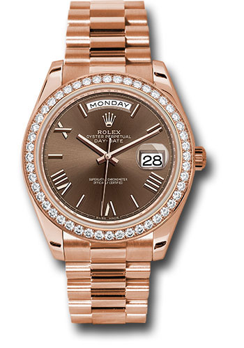 Rolex Everose Gold Day-Date 40 Watch - Everose Gold Bezel - Chocolate Bevelled Roman Dial - President Bracelet