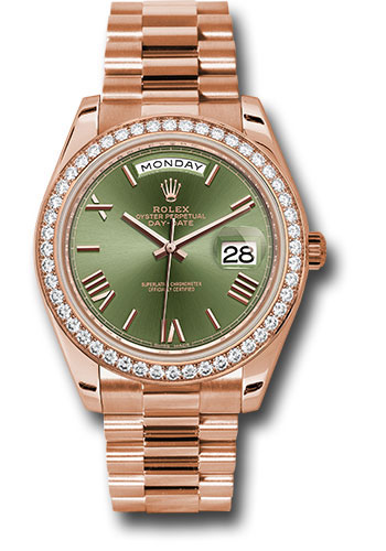 Rolex Everose Gold Day-Date 40 Watch - Everose Gold Bezel - Olive Green Bevelled Roman Dial - President Bracelet