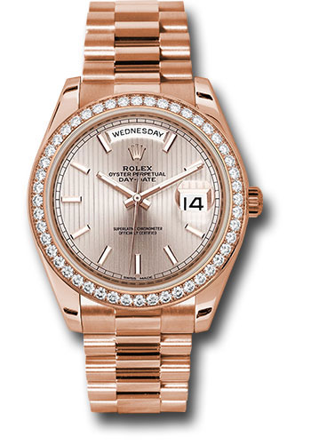 Rolex Everose Gold Day-Date 40 Watch - Everose Gold Bezel - Sundust Strip Motif Index Dial - President Bracelet