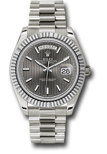 Rolex White Gold Day-Date 40 Watch - Fluted Bezel - Dark Rhodium Stripe Motif Index Dial - President Bracelet
