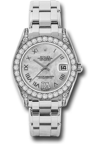 Rolex White Gold Datejust Pearlmaster 34 Watch - 34 Diamond Bezel - White Mother-Of-Pearl Roman Dial