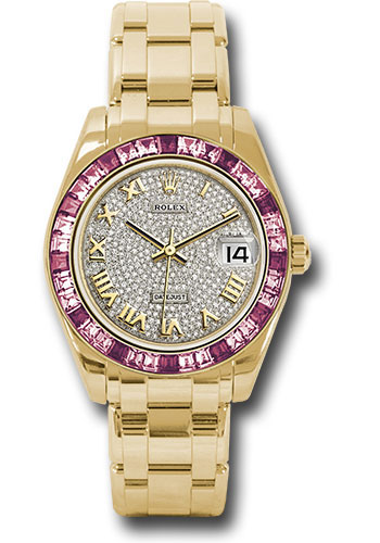 Rolex Yellow Gold Datejust Pearlmaster 34 Watch - 12 Pink And 24 Light-Pink Sapphire Baguettes Bezel - Diamond Paved Roman Dial