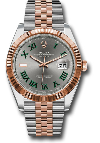Rolex Steel and Everose Rolesor Datejust 41 Watch - Fluted Bezel - Slate Gray Green Roman Dial - Jubilee Bracelet