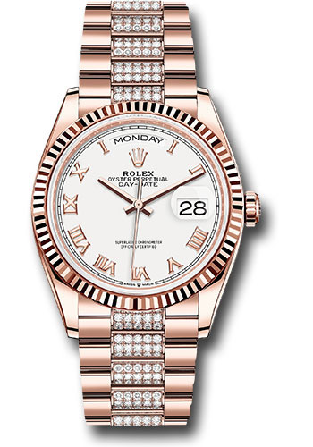 Rolex Everose Gold Day-Date 36 Watch - Fluted Bezel - White Roman Dial - Diamond President Bracelet