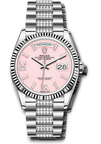 Rolex White Gold Day-Date 36 Watch - Fluted Bezel - Pink Opal Diamond Index Roman 9 Dial - Diamond President Bracelet