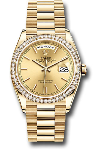 Rolex Yellow Gold Day-Date 36 Watch - Diamond Bezel - Champagne Index Dial - President Bracelet