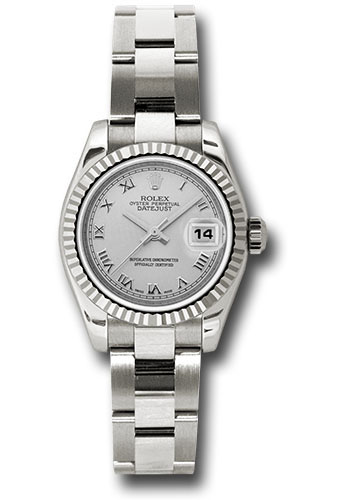 Rolex White Gold Lady-Datejust 26 Watch - Fluted Bezel - Silver Roman Dial - Oyster Bracelet