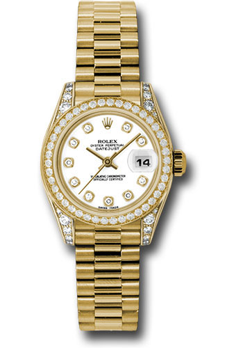 Rolex Yellow Gold Lady-Datejust 26 Watch - 42 Diamond Bezel - White Diamond Dial - President Bracelet