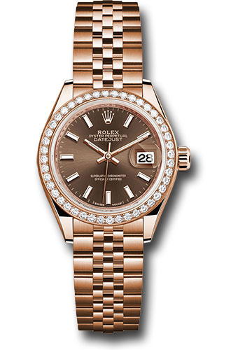 Rolex Everose Gold Lady-Datejust 28 Watch - 44 Diamond Bezel - Chocolate Index Dial - Jubilee Bracelet