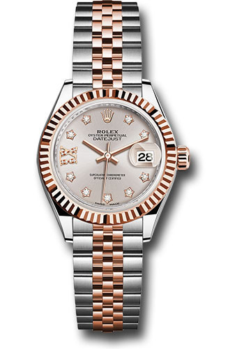 Rolex Steel and Everose Gold Rolesor Lady-Datejust 28 Watch - Fluted Bezel - Sundust Diamond Star Dial - Jubilee Bracelet