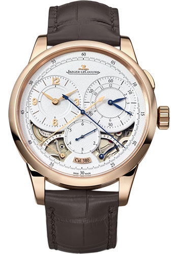 Jaeger-LeCoultre Duomètre Chronographe Watch - 42 mm Pink Gold Case - Silvered Dial - Brown Leather Strap