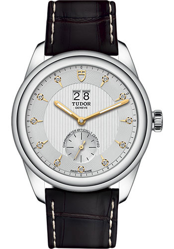 Tudor Glamour Double Date Watch - 42mm Steel Case - Silver Diamond Dial - Brown Leather Strap