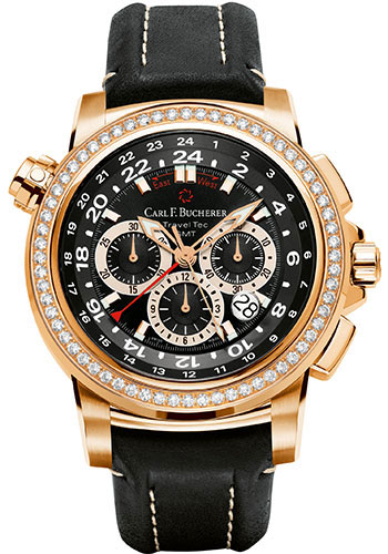Carl F. Bucherer Patravi TravelTec Watch - Rose Gold Case - Diamond Bezel - Black Dial - Black Strap