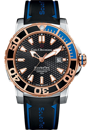 Carl F. Bucherer Patravi ScubaTec Watch - 44.6 mm Steel And Rose Gold Case - Rose Gold And Ceramic Bezel - Black Dial - Rubber Strap