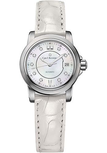 Carl F. Bucherer Patravi AutoDate Watch - 27 mm Steel Case - Mother-of-Pearl Diamond Dial - White Alligator Strap