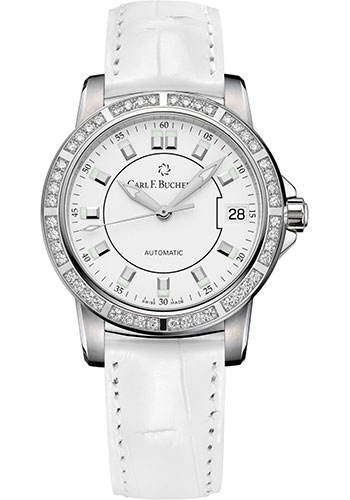 Carl F. Bucherer Patravi AutoDate Watch - 34 mm Steel Case - Diamond Bezel - White Dial - White Alligator Strap