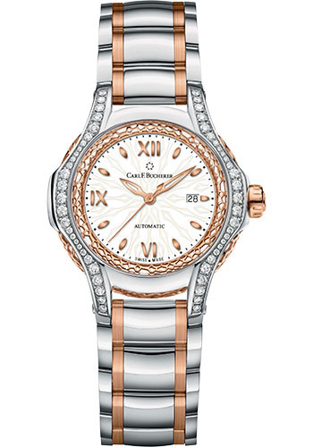 Carl F. Bucherer Pathos Diva Watch - Steel And Rose Gold 18K Diamond Case - Honeycomb Bezel - White Texture Dial - Steel And Rose Gold Bracelet