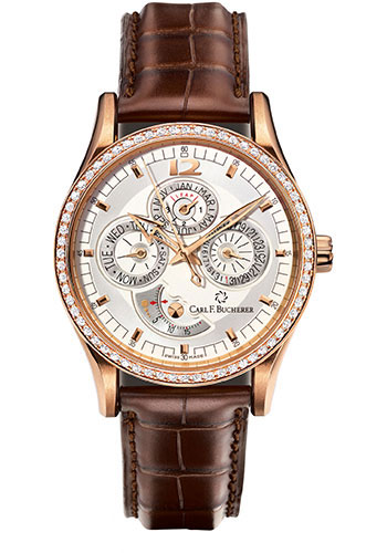 Carl F. Bucherer Manero Perpetual Watch - Rose Gold Case - Diamond Bezel - Silver Dial - Brown Alligator Strap