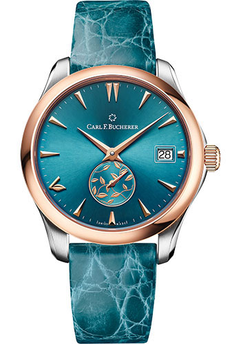Carl F. Bucherer Manero AutoDate LOVE Watch - Rose Gold And Steel Case - Petrol Blue Dial - Petrol Blue Alligator Strap