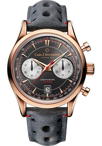 Carl F. Bucherer Manero Flyback Watch - Rose Gold Case - Black Dial - Dark Gray Kudu Leather Strap