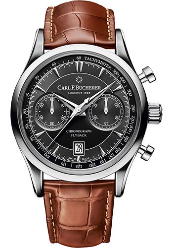 Carl F. Bucherer Manero Flyback Watch - Steel Case - Black Dial - Dark Brown Alligator Strap