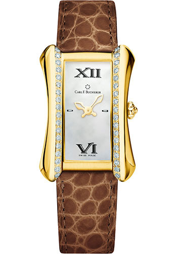 Carl F. Bucherer Alacria Midi Watch - Yellow Gold Diamond Case - Mother-of-Pearl Dial - Brown Alligator Strap